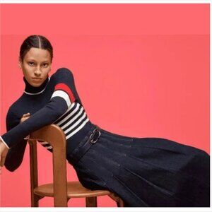 Free Assembly Stitched Pleated Indigo Blue Denim Maxi Skirt Women